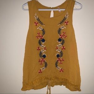 NWT Xhilaration XXL Mustard Yellow Sleeveless Tank Blouse With Floral Embroidery